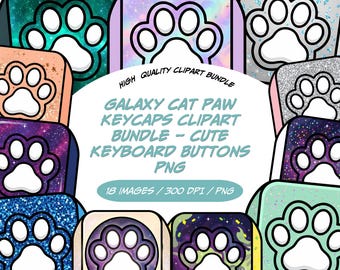 Bundle de cliparts badges galaxie patte de chat, mignon boutons de clavier PNG, badges Gamer Kawaii, clipart esthétique patte de chat pastel