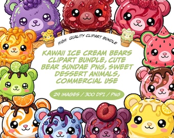 Kawaii Food Clipart Bundle With Cute Bear Ice Cream PNG, Sweet Dessert Animals For Projects