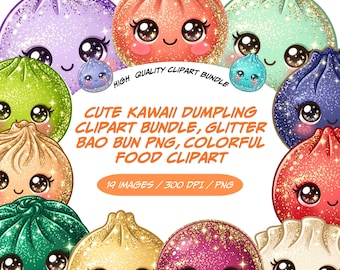 Bundle de cliparts kawaii mignon, graphiques de boulette de paillettes, aliments colorés PNGs, art kawaii bao chignon