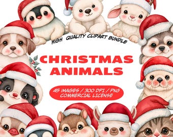 Ensemble d'images clipart d'animaux de Noël, animaux de Noël mignons, animaux avec bonnet de Père Noël, animaux d'hiver kawaii, 45 images clipart de fêtes au format PNG, usage commercial.