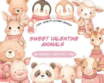 Bundle de cliparts animaux doux Saint-Valentin, Collection PNG animaux roses mignons, graphiques pour chambre d'enfant Saint-Valentin, animaux de la forêt romantiques