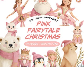 Ensemble de cliparts de Noël féérique rose, collection PNG pastel chaleureuse pour les fêtes, jolis graphismes aquarelle de princesse d'hiver (79 PNG) pour usage commercial
