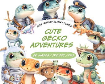 Bundle de cliparts mignon gecko aventures, adorables geckos personnages PNG Collection, fantastique reptile aquarelle graphiques, enfants aventure animaux