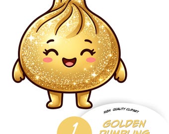 Boulette dorée Clipart PNG, personnage porte-bonheur Bao doré, clipart nourriture Kawaii, mignon boulette autocollant PNG, art alimentaire imprimable or