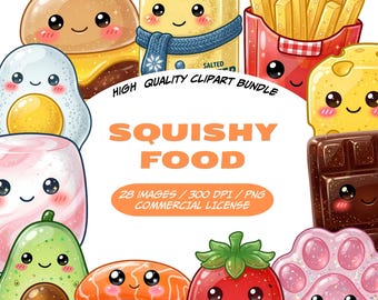 Ensemble d'images clipart Kawaii d'aliments tout mous, PNG d'aliments mignons, clipart de snacks adorables, restauration rapide Kawaii, 28 PNG de desserts et fruits mignons, personnages d'aliments