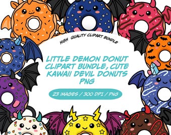 Bundle de conception de dessins d'Halloween au format PNG, mignon petit démon Donut Clipart, donuts diable kawaii PNG