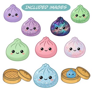 May include: A collection of colorful, cartoon-style dumplings with smiling faces. The dumplings are in various colors, including purple, pink, green, and blue, with glitter and galaxy patterns. The image also includes bamboo steamer baskets.