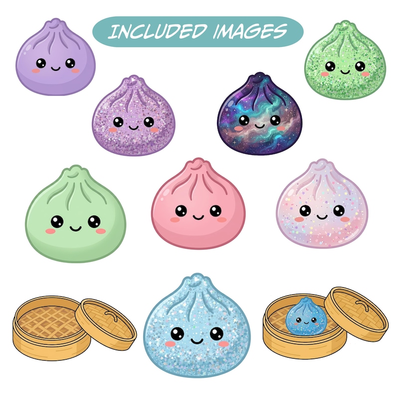 May include: A collection of colorful, cartoon-style dumplings with smiling faces. The dumplings are in various colors, including purple, pink, green, and blue, with glitter and galaxy patterns. The image also includes bamboo steamer baskets.
