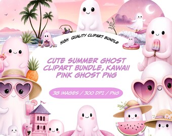 Bundle de cliparts mignon fantôme d'été, fantôme rose Kawaii PNG, Clipart fantôme d'été, fantôme de plage PNG, clipart mignon Halloween été