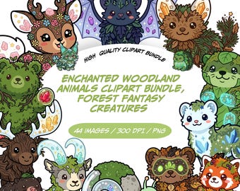 Bundle de cliparts créatures des bois lunatiques, animaux fantastiques de la forêt enchantée PNG, décoration de chambre d'enfant mignonne