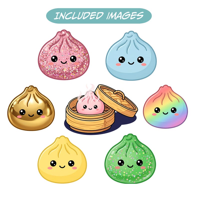May include: A collection of seven cartoon dumplings in various colors, including pink, blue, gold, yellow, green, and rainbow. One dumpling is in a bamboo steamer. The dumplings have smiling faces and are labeled "INCLUDED IMAGES".