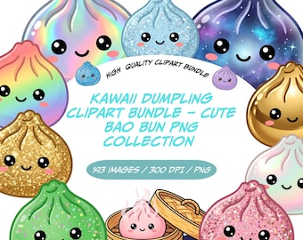 Clipart Bundle Whole Shop - Kawaii Dumpling Clipart Collection, Cute Bao Bun Png, Glitter Food Characters