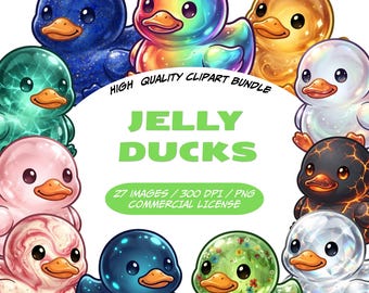 Ensemble de 27 images clipart de canards en gelée, canards kawaii mignons au format PNG, canetons tout mous, animaux en gelée colorés, canards en caoutchouc mignons au format PNG, usage commercial.