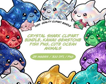 Ensemble de cliparts, poissons, pierres précieuses kawaii, PNG, animaux marins mignons pour travaux manuels et usage commercial
