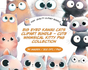 Bundle de cliparts chats kawaii aux grands yeux, Collection PNG Kitty lunatique mignon, Adorable chat aquarelle de dessin animé
