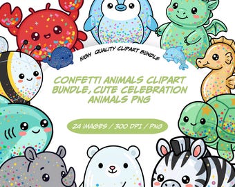 Bundle de cliparts animaux confettis, mignons animaux de célébration PNG, Clipart animaux de fête, anniversaire animaux, animaux du zoo Kawaii, PNG festif