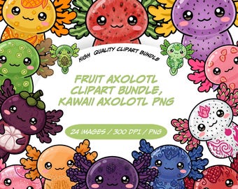 Produits numériques kawaii : lot de cliparts fruits axolotl, images PNG mignonnes à usage commercial