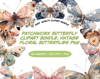 Bundle de clipart papillon patchwork, papillons floraux vintage PNG, clipart papillon cottagecore, art papillon matelassé, PNG shabby Chic