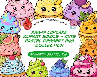 Bundle de cliparts cupcake kawaii, mignon dessert pastel PNG Collection, cupcakes aquarelle bonbons sucrés, usage Commercial