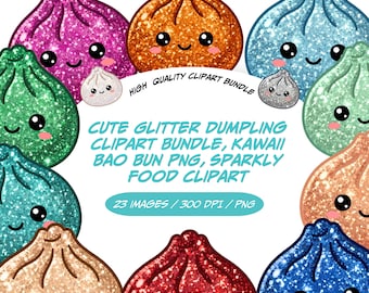 Bundle mignon de cliparts boulette de paillettes, Kawaii Bao Bun PNG, Clipart boulette scintillante, paillettes nourriture PNG, mignon Dim Sum Clipart, usage Commercial