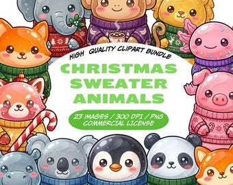 Images clipart d'animaux en pull de Noël, animaux de Noël mignons (PNG), images clipart d'animaux d'hiver kawaii, ensemble d'images clipart de pulls de Noël (PNG)