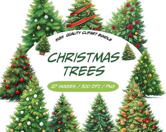 Méga lot de cliparts Noël, beaux arbres aquarelle PNG, ensemble d'arbres de vacances festifs pour projets d'artisanat créatifs