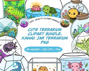 Bundle de cliparts terrarium mignon, pot Kawaii terrarium PNG, clipart aquarium mignon, terrarium mousse, bocal en verre animaux, clipart botanique