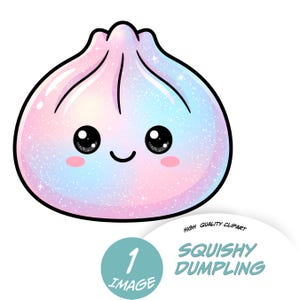 May include: A digital illustration of a round dumpling with a pastel gradient of pink, blue, and purple, featuring a glittery texture, large black eyes, a small smile, and pink cheeks. Text below reads: 1 IMAGE HIGH QUALITY CLIPART SQUISHY DUMPLING.