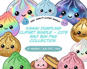 Bundle de cliparts boulettes kawaii, graphiques bun bun kawaii, galaxies de paillettes holographiques PNG