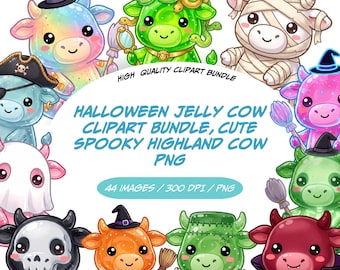 Halloween PNG Bundle Niedliche Quallen Kuh Clipart, entzückende Highland Kühe zum gruseligen Basteln