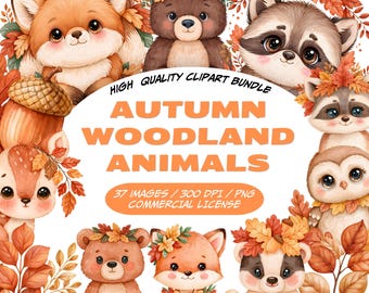 Ensemble d'images clipart d'animaux de la forêt en automne, animaux d'automne mignons au format PNG, renard, ours, raton laveur, cerf, hibou, animaux de la forêt en automne, 37 aquarelles d'automne