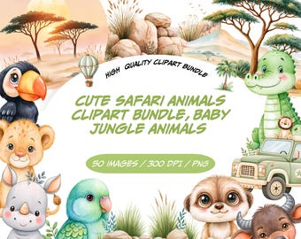 Bundle de cliparts bébés animaux Safari PNG, clipart animaux de chambre d'enfant, animaux de safari, usage Commercial, 50 fichiers PNG