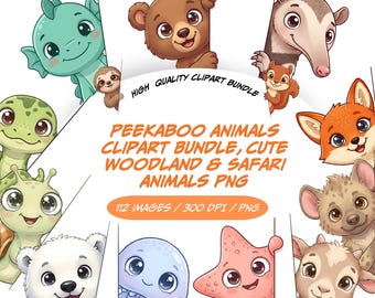 Animaux furtifs : 112 PNG, 300 DPI Visages d'animaux originaux | Créatures des bois et safari | Chambre d'enfant | (Usage commercial)