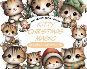 Kitty Noël magique Clipart Bundle, mignons chats de Noël PNG Collection, vacances chaton aquarelle graphiques, clipart chat d'hiver confortable