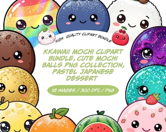 Mega Bundle de cliparts kawaii, jolies boules de mochi PNG Collection, personnages de desserts pastel, motifs arc-en-ciel et galaxie