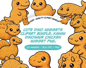 Bundle de cliparts mignon Dino pépites, dinosaure Kawaii nugget de poulet PNG, Clipart nourriture Dino drôle, mignon snack Art du Jurassique, usage Commercial