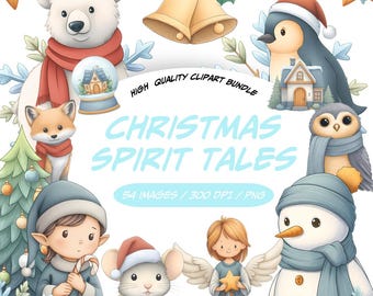 Mignons personnages aquarelles de vacances | Lot de cliparts contes de Noël | Collection hiver confortable PNG à usage commercial