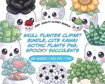 Goth Spooky Junk Journal Digital Downloads, Skull Planter Clipart Bundle, Cute Kawaii Gothic Plants PNG