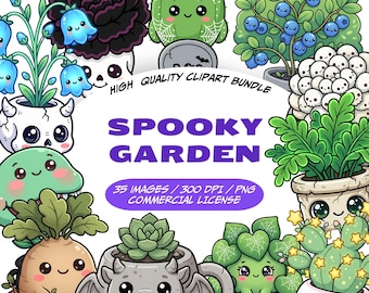 Images clipart mignonnes pour un jardin effrayant, plantes d'Halloween kawaii (PNG), fleurs fantômes, pots en forme de crâne, cactus et plantes succulentes, usage commercial.