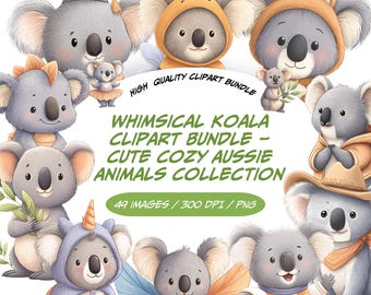 Whimsical Koala Clipart Bundle, Cozy Aussie Animals, PNG Graphics (Digital Download)