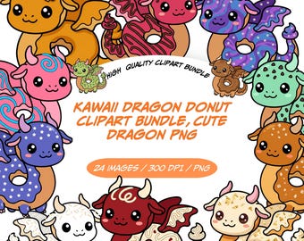Ensemble de cliparts kawaii mignons avec d'adorables beignets de dragon, images de boulangerie fantastiques PNG pour projets créatifs