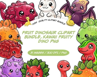 Bundle de cliparts dinosaure fruit, Dino fruité Kawaii PNG, Clipart dinosaure mignon fraise, Dino pastèque, animaux fruits tropicaux,