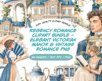 Bundle de cliparts Romance Régence, élégant manoir victorien PNG Collection, clipart aquarelle Romance vintage, graphiques inspirés de Bridgerton