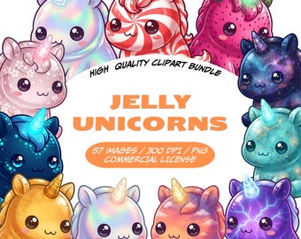 Licorne en gelée (clipart), licorne kawaii (PNG), licornes mignonnes et moelleuses, licorne cristal de bonbon galaxie, animaux fantastiques (57 PNG), usage commercial.