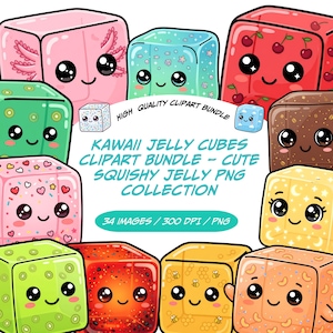 May include: A vibrant collection of cartoon jelly cubes, each with a unique design and a smiling face. The image features text stating "KAWAII JELLY CUBES CLIPART BUNDLE - CUTE SQUISHY JELLY PNG COLLECTION" and "34 IMAGES / 300 DPI / PNG".