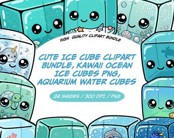 Bundle mignon de cliparts Jelly Cube, océan Kawaii Ice Cubes PNG, Clipart de glaçons Aquarium, mignons cubes d'eau, des cliparts été, usage Commercial