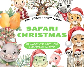 Images clipart de Noël sur le thème du safari : girafe et ses amis, animaux de Noël à l’aquarelle (PNG), projets créatifs, 29 images PNG de Noël sur le thème du safari, usage commercial.