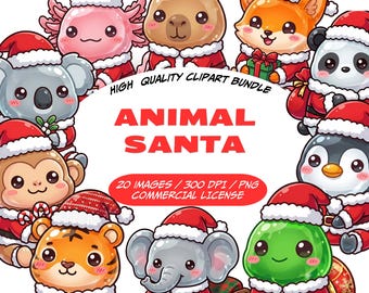 Ensemble d'images clipart d'animaux Père Noël, animaux de Noël mignons (PNG), animaux Père Noël kawaii, personnages animaux de Noël, usage commercial