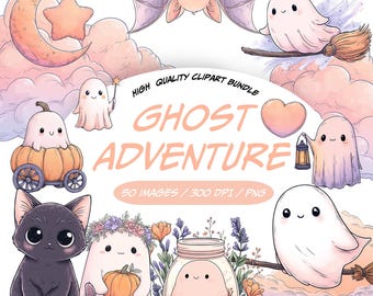 Adorables illustrations de fantômes kawaii, 50 personnages fantaisistes, collection fantastique, pack PNG Halloween, usage commercial, téléchargement numérique