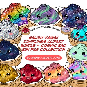 Puede incluir: Una colección de imágenes prediseñadas de dumplings kawaii en varios colores y diseños cósmicos, incluyendo patrones de arcoíris, galaxias y auroras boreales. Cada dumpling tiene una cara sonriente y se presenta en un vaporizador de bambú. Texto: "GALAXY KAWAII DUMPLINGS CLIPART BUNDLE".